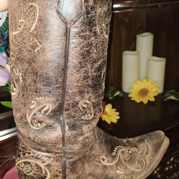 Circle G Dragonfly Embroidered Cowgirl Western Cowboy Boots Lace Brown - Picture 9 of 12